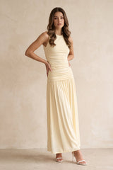 Round Neck Ruched A-Line Midi Dress in Pastel Yellow– KISS BRIDAL
