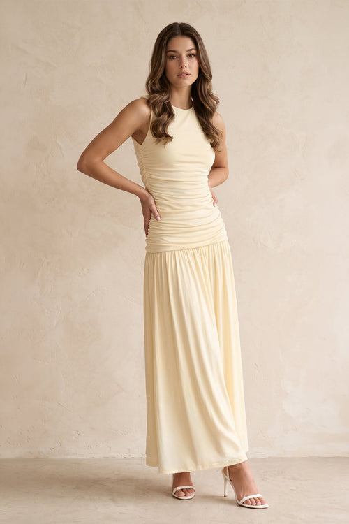 Round Neck Ruched A-Line Midi Dress in Pastel Yellow– SHE IS ME Dresses
