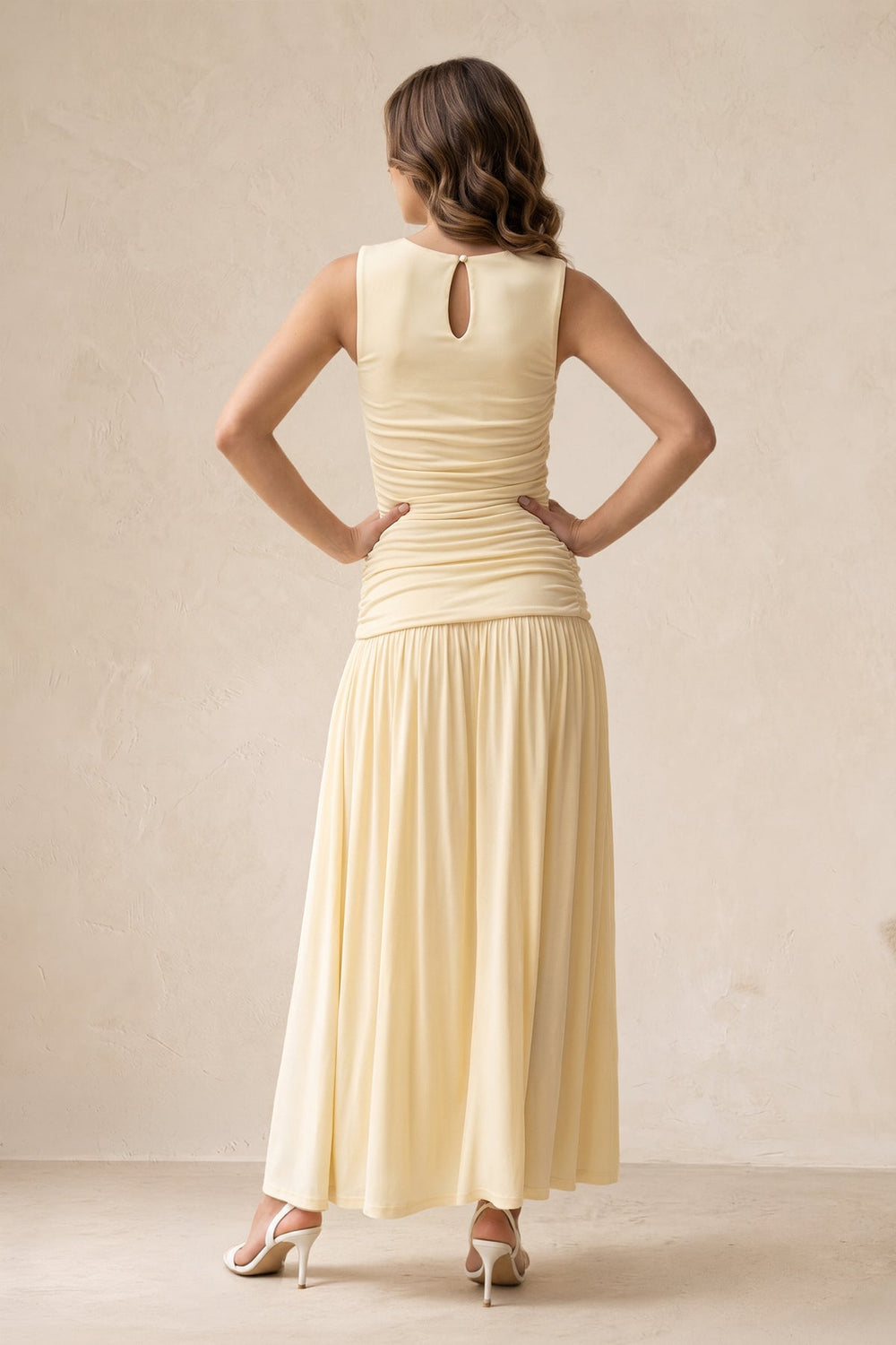 Round Neck Ruched A-Line Midi Dress in Pastel Yellow– KISS BRIDAL Dresses