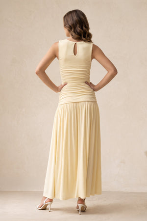 Round Neck Ruched A-Line Midi Dress in Pastel Yellow– SHE IS ME Dresses