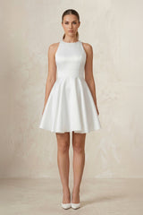 Round Neck Satin A - Line Ruched Wedding Dress in White - KISS BRIDAL Wedding Dresses