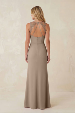 Round Neck Sheath Chiffon Appliqued Bridesmaid Dress in Almond (2) | KISSBRIDAL