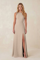 Round Neck Sheath Chiffon Appliqued Bridesmaid Dress in Almond - KISS BRIDAL Bridesmaid Dresses
