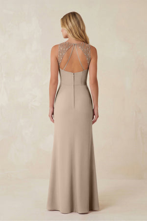 Round Neck Sheath Chiffon Appliqued Bridesmaid Dress in Almond - KISS BRIDAL Bridesmaid Dresses