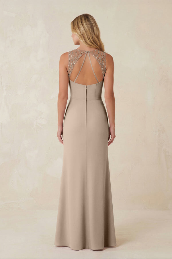 Round Neck Sheath Chiffon Appliqued Bridesmaid Dress in Almond - KISS BRIDAL Bridesmaid Dresses