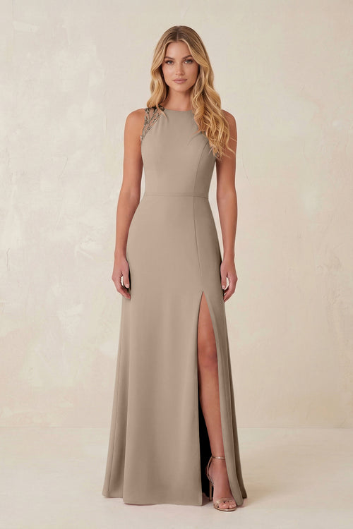 Round Neck Sheath Chiffon Appliqued Bridesmaid Dress in Almond | KISSBRIDAL