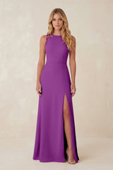 Round Neck Sheath Chiffon Appliqued Bridesmaid Dress in Amethyst - KISS BRIDAL Bridesmaid Dresses