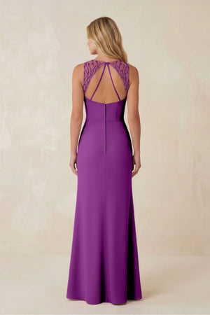 Round Neck Sheath Chiffon Appliqued Bridesmaid Dress in Amethyst - KISS BRIDAL Bridesmaid Dresses