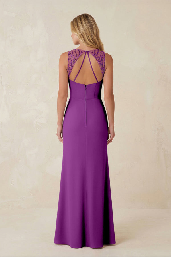 Round Neck Sheath Chiffon Appliqued Bridesmaid Dress in Amethyst - KISS BRIDAL Bridesmaid Dresses