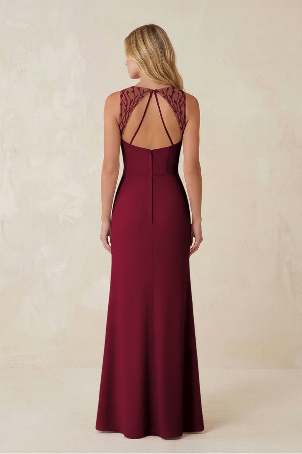 Round Neck Sheath Chiffon Appliqued Bridesmaid Dress in Berry - KISS BRIDAL Bridesmaid Dresses