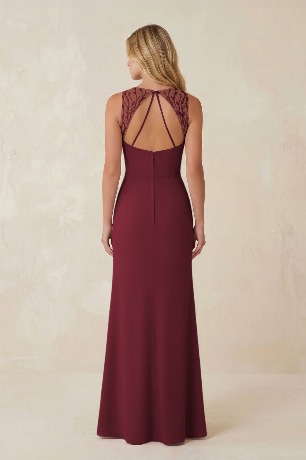 Round Neck Sheath Chiffon Appliqued Bridesmaid Dress in Berry