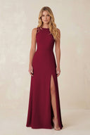 Round Neck Sheath Chiffon Appliqued Bridesmaid Dress in Berry - KISS BRIDAL Bridesmaid Dresses