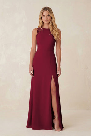 Round Neck Sheath Chiffon Appliqued Bridesmaid Dress in Berry - KISS BRIDAL Bridesmaid Dresses
