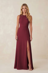 Round Neck Sheath Chiffon Appliqued Bridesmaid Dress in Berry | KISSBRIDAL