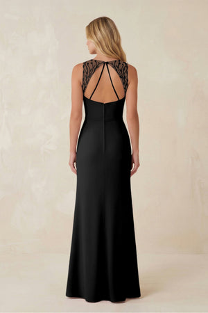 Round Neck Sheath Chiffon Appliqued Bridesmaid Dress in Black - KISS BRIDAL Bridesmaid Dresses