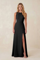 Round Neck Sheath Chiffon Appliqued Bridesmaid Dress in Black - KISS BRIDAL Bridesmaid Dresses