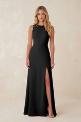 Round Neck Sheath Chiffon Appliqued Bridesmaid Dress in Black - KISS BRIDAL Bridesmaid Dresses