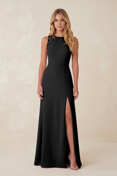 Round Neck Sheath Chiffon Appliqued Bridesmaid Dress in Black - KISS BRIDAL Bridesmaid Dresses