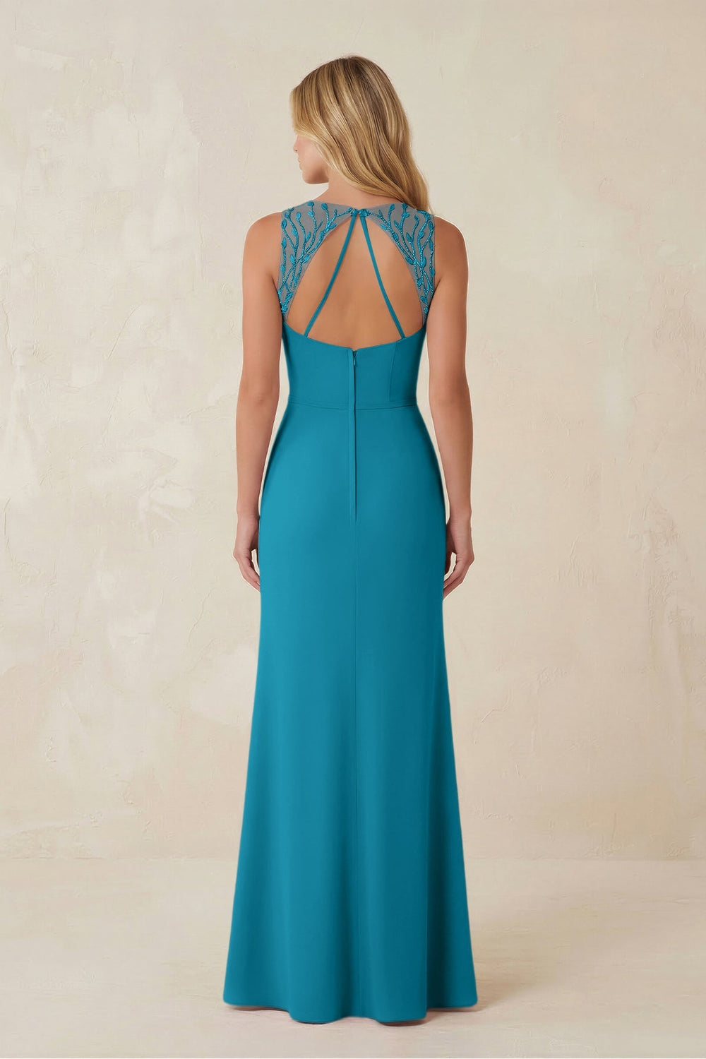 Round Neck Sheath Chiffon Appliqued Bridesmaid Dress in Blue Jay - KISS BRIDAL Bridesmaid Dresses