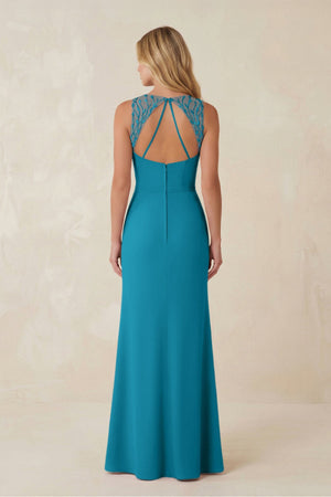 Round Neck Sheath Chiffon Appliqued Bridesmaid Dress in Blue Jay - KISS BRIDAL Bridesmaid Dresses
