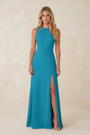 Round Neck Sheath Chiffon Appliqued Bridesmaid Dress in Blue Jay - KISS BRIDAL Bridesmaid Dresses