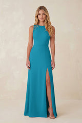 Round Neck Sheath Chiffon Appliqued Bridesmaid Dress in Blue Jay - KISS BRIDAL Bridesmaid Dresses