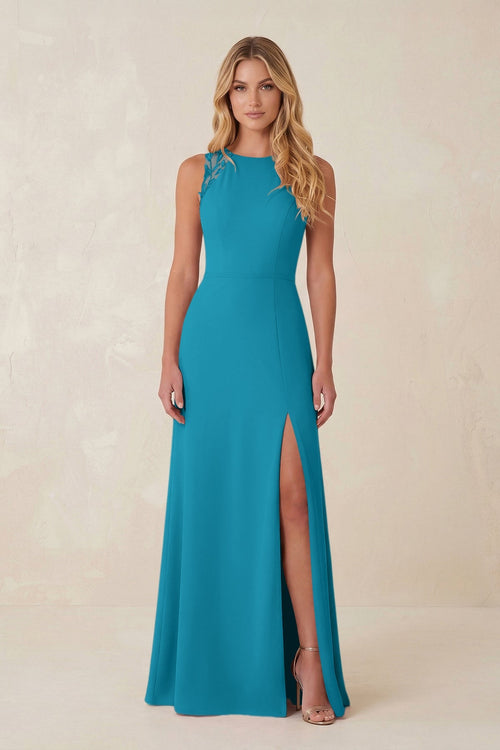 Round Neck Sheath Chiffon Appliqued Bridesmaid Dress in Blue Jay - KISS BRIDAL Bridesmaid Dresses