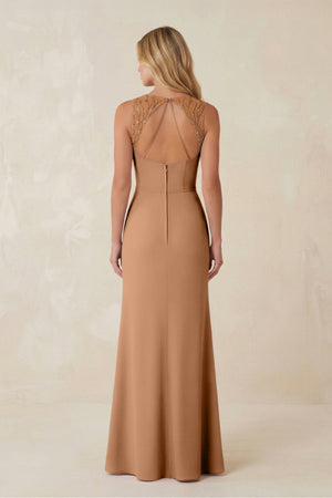 Round Neck Sheath Chiffon Appliqued Bridesmaid Dress in Bronzer - KISS BRIDAL Bridesmaid Dresses