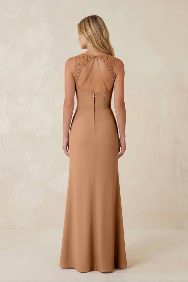 Round Neck Sheath Chiffon Appliqued Bridesmaid Dress in Bronzer - KISS BRIDAL Bridesmaid Dresses