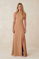 Round Neck Sheath Chiffon Appliqued Bridesmaid Dress in Bronzer - KISS BRIDAL Bridesmaid Dresses