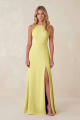 Round Neck Sheath Chiffon Appliqued Bridesmaid Dress in Buttercup - KISS BRIDAL Bridesmaid Dresses