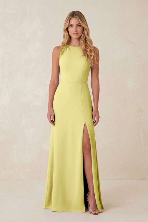 Round Neck Sheath Chiffon Appliqued Bridesmaid Dress in Buttercup - KISS BRIDAL Bridesmaid Dresses