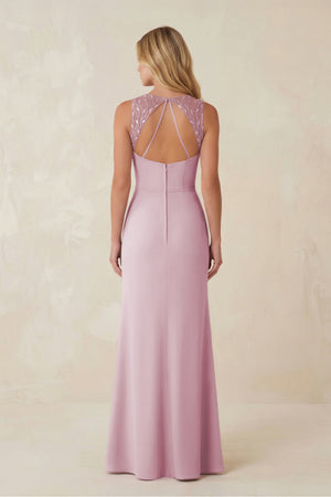 Round Neck Sheath Chiffon Appliqued Bridesmaid Dress in Candy Pink (2) | KISSBRIDAL