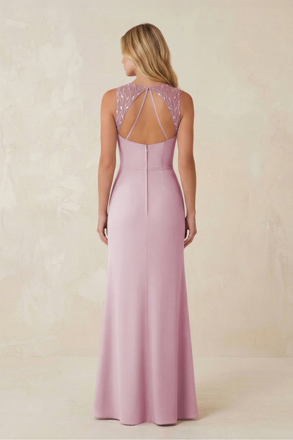 Round Neck Sheath Chiffon Appliqued Bridesmaid Dress in Candy Pink (2) | KISSBRIDAL