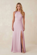 Round Neck Sheath Chiffon Appliqued Bridesmaid Dress in Candy Pink | KISSBRIDAL
