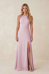 Round Neck Sheath Chiffon Appliqued Bridesmaid Dress in Candy Pink | KISSBRIDAL