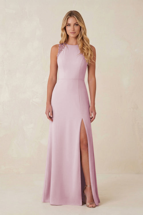 Round Neck Sheath Chiffon Appliqued Bridesmaid Dress in Candy Pink | KISSBRIDAL