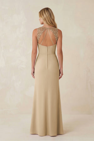 Round Neck Sheath Chiffon Appliqued Bridesmaid Dress in Champagne (2) | KISSBRIDAL