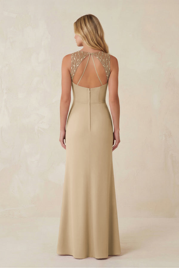 Round Neck Sheath Chiffon Appliqued Bridesmaid Dress in Champagne (2) | KISSBRIDAL