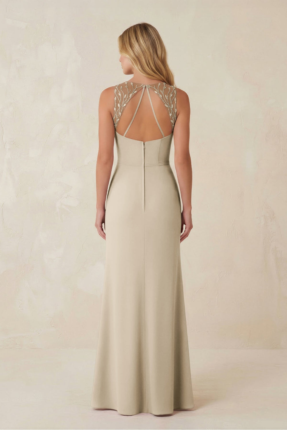Round Neck Sheath Chiffon Appliqued Bridesmaid Dress in Champagne - KISS BRIDAL Bridesmaid Dresses