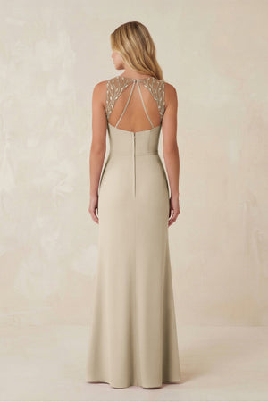 Round Neck Sheath Chiffon Appliqued Bridesmaid Dress in Champagne - KISS BRIDAL Bridesmaid Dresses