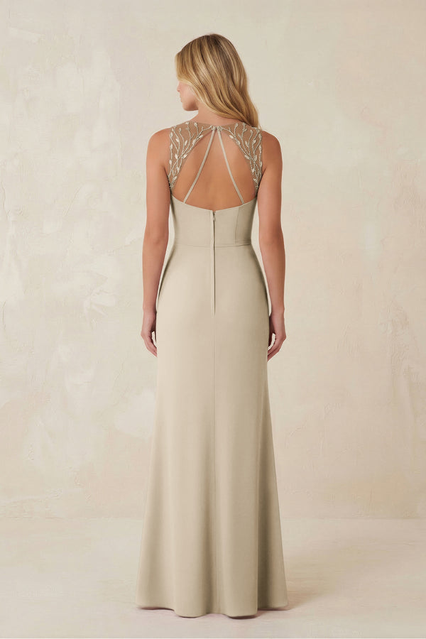 Round Neck Sheath Chiffon Appliqued Bridesmaid Dress in Champagne - KISS BRIDAL Bridesmaid Dresses