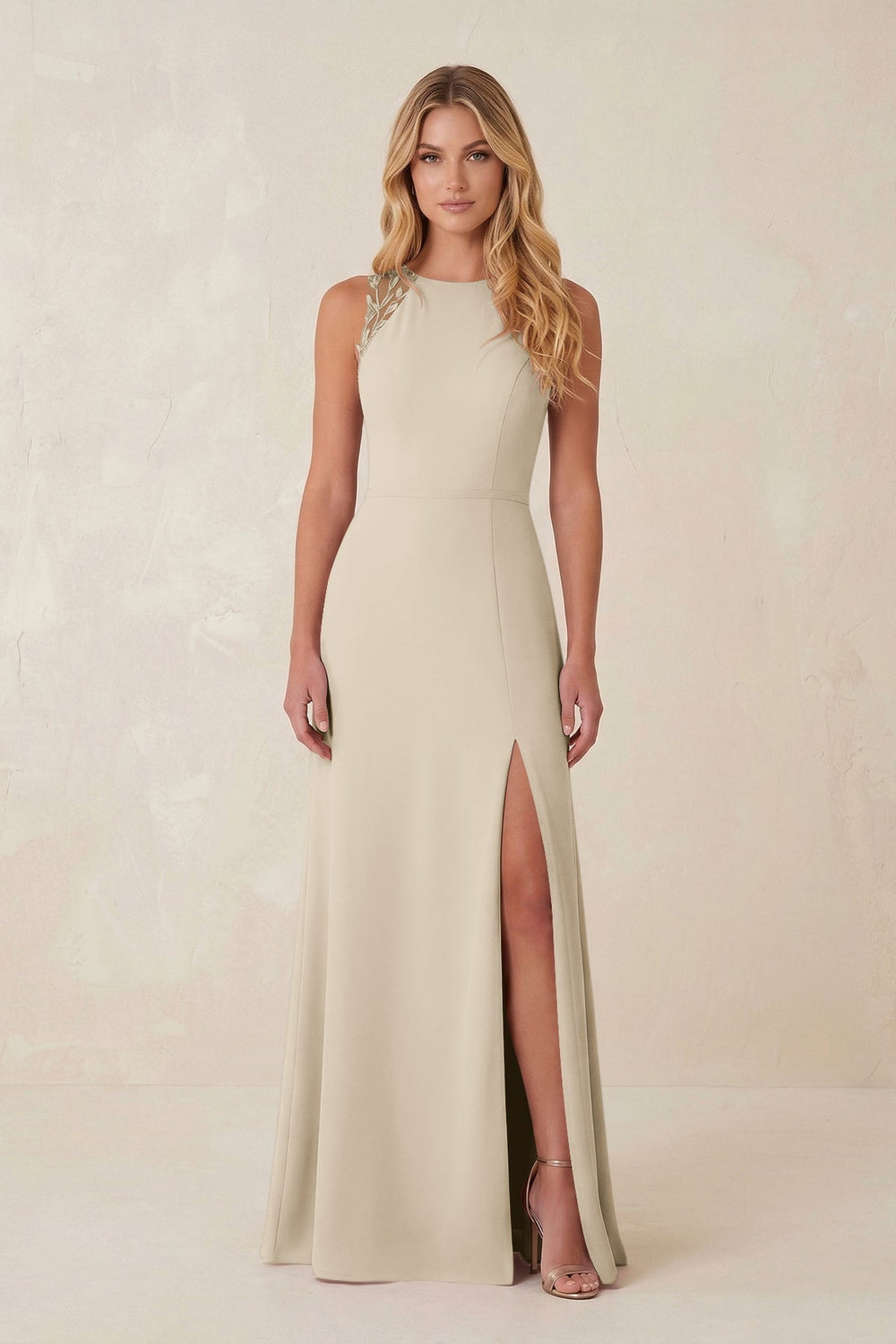 Round Neck Sheath Chiffon Appliqued Bridesmaid Dress in Champagne - KISS BRIDAL Bridesmaid Dresses