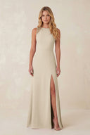 Round Neck Sheath Chiffon Appliqued Bridesmaid Dress in Champagne - KISS BRIDAL Bridesmaid Dresses