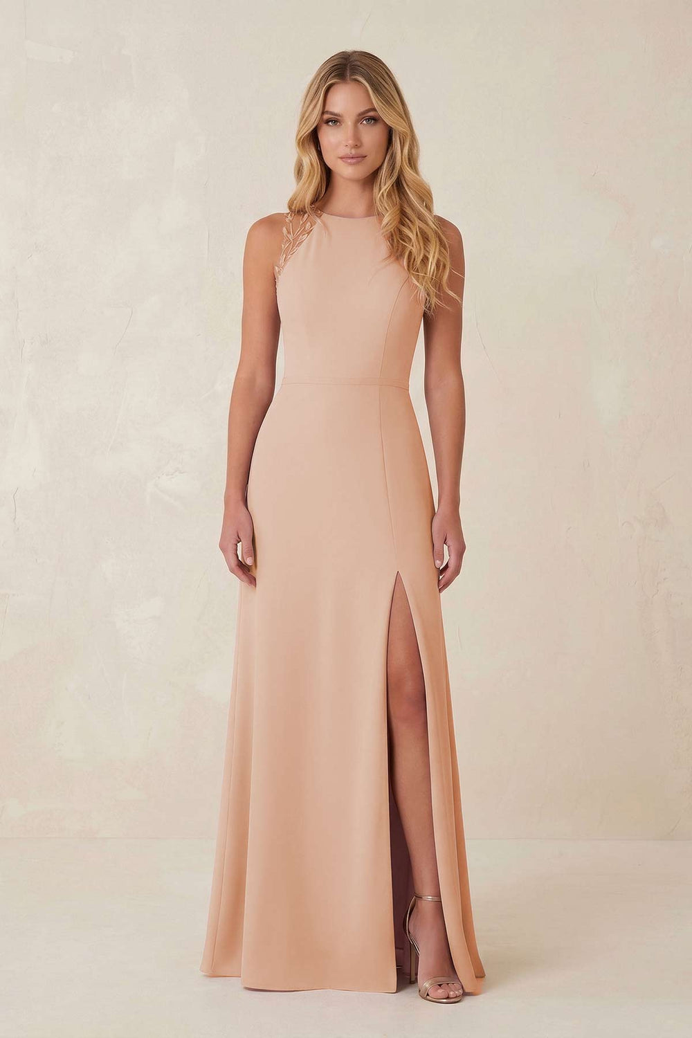 Round Neck Sheath Chiffon Appliqued Bridesmaid Dress in Champagne Rose - KISS BRIDAL Bridesmaid Dresses