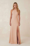 Round Neck Sheath Chiffon Appliqued Bridesmaid Dress in Champagne Rose - KISS BRIDAL Bridesmaid Dresses