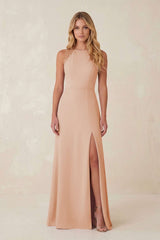 Round Neck Sheath Chiffon Appliqued Bridesmaid Dress in Champagne Rose - KISS BRIDAL Bridesmaid Dresses