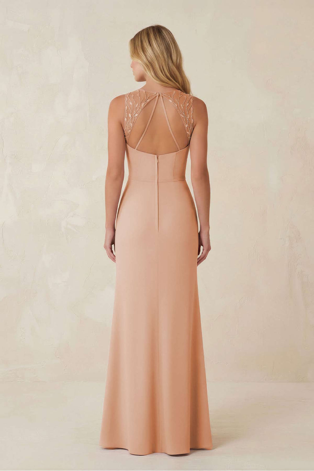 Round Neck Sheath Chiffon Appliqued Bridesmaid Dress in Champagne Rose - KISS BRIDAL Bridesmaid Dresses