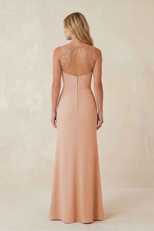 Round Neck Sheath Chiffon Appliqued Bridesmaid Dress in Champagne Rose - KISS BRIDAL Bridesmaid Dresses
