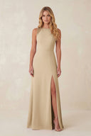 Round Neck Sheath Chiffon Appliqued Bridesmaid Dress in Champagne | KISSBRIDAL